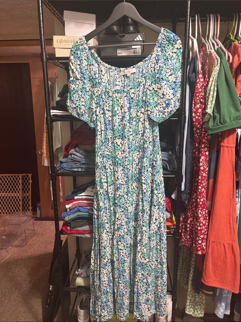 LOFT Blue and Green Floral Maxi Dress with Puff Sleeves